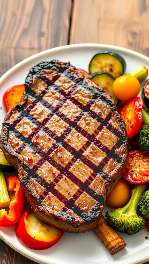 Air fryer steak with roasted bell peppers, zucchini, and broccoli on a rustic wooden table.